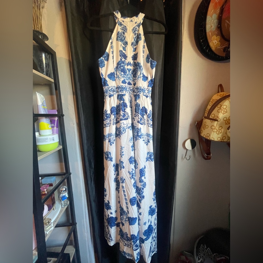 Blue and White Floral Halter Maxi Dress